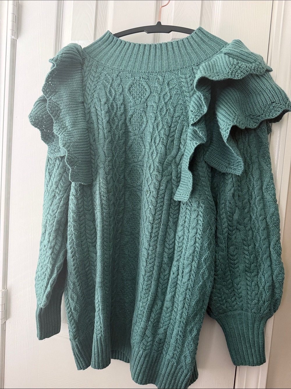 Listicle Teal Cable-Knit Ruffle Shoulder Sweater